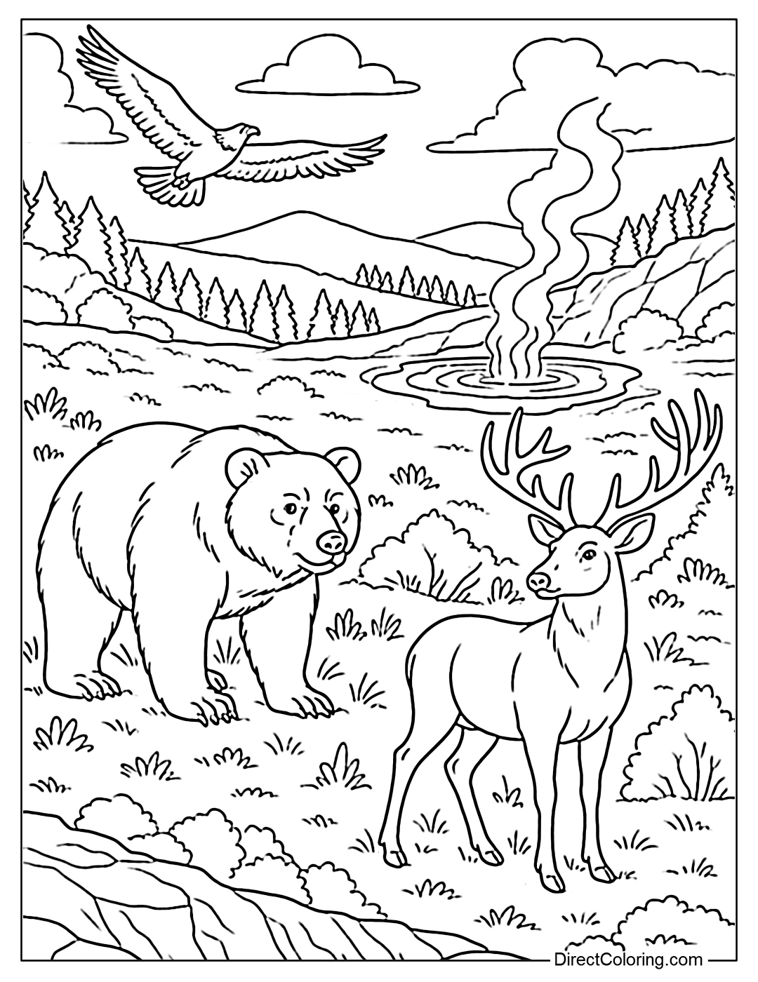 Coloring page of grizzly bear and moose in Yellowstone National Park, with hot springs in the distance.